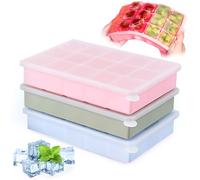 3 Piezas Cubitera Silicona, 15 Compartimentos Cubiteras para Hielo | Cubitera para Hielo de Silicona con Tapa sin BPA Ice Cube Tray para Bebidas Frías, Whisky, Cócteles (Rosa, Azul, Verde)