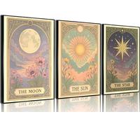 3 piezas de arte de pared celestial de sol y estrella, arte vintage de tarot astrología, decoración de pared de luna llena, póster de loto para dormitorio, sala de estar, baño, sala de estudio
