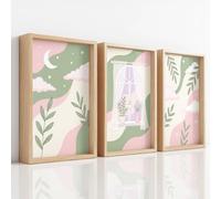 3 piezas de arte de pared de cuento de hadas de ensueño para sala de estar y dormitorio, hojas suaves abstractas a rayas arqueadas, ventana luna, cielo estrellado, lienzo, cuadros para cocina, pasillo