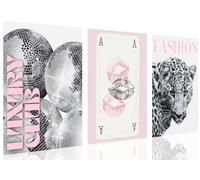 3 piezas de arte de pared de leopardo rosa sin marco, diseño de guepardo de lujo, bola de discoteca, beso, labios, cartas, revistas de moda, impresiones en lienzo, decoración estética para dormitorio