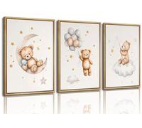3 piezas de arte de pared de oso durmiendo en la luna y estrellas, decoración de pared, imágenes de globo, nube, lienzo neutro, impresiones para habitación de niños, jardín de infantes, decoración del