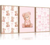 3 piezas de arte de pared de oso rosa con lazo de coqueta para decoración de pared, imágenes de animales lindos para guardería, lienzo, impresiones para habitación de bebé, dormitorio, decoración del