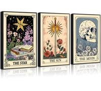 3 piezas de arte de tarot para pared, diseño de sol, luna, estrella, vintage, bohemio, celestial, lienzo, impresión de calavera, libro floral, astrología, arte místico, decoración de pared para sala
