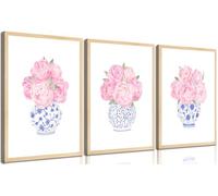 3 piezas de arte floral de peonías rosas, arte de pared chinoiserie azul y blanco, decoración de pared, imágenes de lienzo estético, impresiones para dormitorio, apartamento, mujer, decoración de