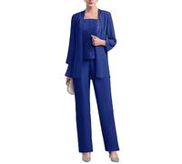 3 piezas de chifón para la madre de la novia, trajes de pantalones con corpiño de encaje para invitada de boda, conjunto formal de noche, azul real, 54