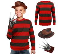 3 piezas de disfraz de Freddy Krueger para niños: suéter, sombrero y guante con garras, traje de cosplay de Halloween, estampado de rayas rojas y verdes, para niños de 3 a 14 años, 3 unidades., 11-12