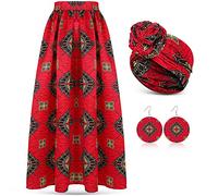 3 Piezas de Falda Larga con Estampado Africano para Mujer, Falda Larga Acampanada con Bolsillos, Vestido Bohemio Casual, Bufanda para la Cabeza, aretes Colgantes, Multi Colorido, Medium