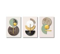 3 piezas de lienzo con arte geométrico abstracto de círculo verde dorado, póster e impresión, mural, arte de pared, imagen moderna para decoración del hogar, 50 x 70 cm (20 x 28 pulgadas) x3 con marco