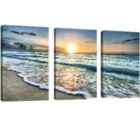 3 piezas de lienzo con olas del océano, atardecer en la playa, arte de pared, paisaje marino moderno, imágenes de la naturaleza, impresiones, decoración del hogar (50 x 70 cm x 3/marco interior)