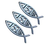 3 piezas de plástico plateado cromado Jesús cristiano pez emblema adhesivo en la parte trasera y adhesivo 3D para coche, símbolo religioso para Jesús