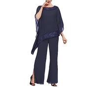 3 piezas de traje de gasa con cuentas para la madre de la novia, conjunto de pantalones y vestido formal de noche para invitada de boda, azul marino, 46