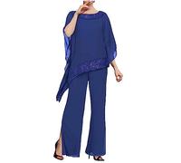 3 piezas de trajes de pantalones con cuentas para la madre de la novia, conjuntos de chifón para invitados de boda, vestido formal de noche, azul real, 46