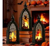 3 Piezas Decoracion Halloween Exterior Linterna, Farol Halloween, Iluminación LED Colgante Linterna Calabaza Cuervo Bruja Fantasma, Linternas Jardin a Pilas, Decoración Casa Lámpara Interior Vacacione