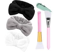 3 Piezas Diadema para Maquillaje con 2Pcs Cepillo de Mascarilla de Silicona, FUKPO Elástico Diadema Maquillaje Mujer, Diadema de Maquillaje Bowknot Banda de Pelo para Maquillaje Bañarse Yoga Spa