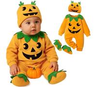 3 Piezas Disfraz Halloween Bebe-Disfraces Calabaza Bebé,Lindos Calabaza Disfraz Bebe Para Niña y Niño,Tutina Neonati per Halloween Cappellino zapatos,Regalos Halloweens Recién Nacidos de 0-18 Meses