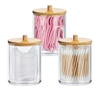 3 Piezas Dispensador de Algodón Acrílica, Almacenamiento de Hisopos de Algodón, con Tapas de Bambú, Organizador de Almohadillas de Maquillaje Adecuado para Baños y Tocadores