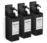 3 Piezas Dispensador Jabon Baño, 500ml Dispensador de Jabón para Pared Sin Necesidad de Taladrar con 3 Soportes y 16 Etiquetas Impermeables para Cocina y Baño, Negro