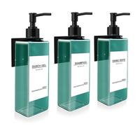 3 Piezas Dispensador Jabon Baño Pared, Dispensador de Jabón para Cocina Sin Taladrar 500ml Cian Dispensador Gel y Champu Ducha con 3 Soportes y Etiquetas Impermeables para Cocina y Baño