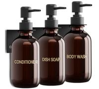 3 Piezas Dispensador Jabon Baño Pared, Dispensador de Jabón para Cocina Sin Taladrar 500ml Marró Mate Dispensador Gel y Champu Ducha con 3 Soportes y Etiquetas Tridimensionales Estancas para Cocina y