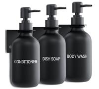 3 Piezas Dispensador Jabon Baño Pared, Dispensador de Jabón para Cocina Sin Taladrar 500ml Negro Mate Dispensador Gel y Champu Ducha con 3 Soportes y Etiquetas Tridimensionales Estancas para Cocina y