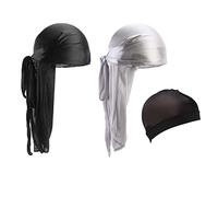3 piezas Durag para hombre sedoso Durag transpirable suave elástico bandana Wave Cap Long Tail Headwear con 1 Wave Cap para hombres y mujeres (negro, plateado)