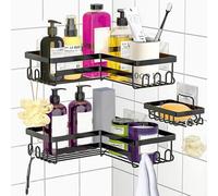 3 Piezas Estanteria Esquina Ducha con Ganchos & Jabonera, Estante Rinconera Sin Taladros Montado Pared, Esquinero Adhesivo para Baño y Cocina, Organizador para Almacenamiento Champú Gel (Negro)