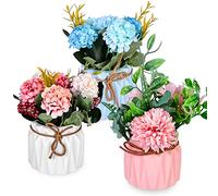 3 Piezas Flores Artificiales Decoracion,Plantas Artificiales Decoración con Jarrón,Ramo de Hortensias Artificiales,Artificiales Plantas Flores Flores Falsas Maceta para Hogar Oficina Jardín Boda