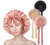 3 Piezas Gorro Saten Pelo Rizado Ajustable,Gorro de Seda para Dormir con Banda Ancha Elástica, Protege el Pelo para Dormir para Mujeres Niñas Uso Nocturno