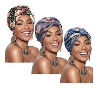 3 Piezas Gorro Turbante para Mujeres Gorro de Nudo Pre-Atado Turbante de Modo Pañuelo de Cabeza de Perdida de Pelo (Azul, Gris, Negro)