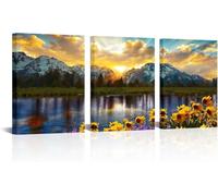 3 Piezas Grand Teton Canvas Wall Art Sunflower Sunrise Mountain Landscape Print Painting for Living Room Bedroom Decor(50x70cm x 3/Inner frame)