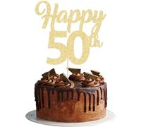 3 piezas Happy 50th Cake Topper dorado con purpurina número 50 de cincuenta cumpleaños, decoraciones para regalos de 50 años, suministros para fiestas de aniversario de boda y aniversario