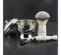 3 Piezas Jag Afeitado Set de Afeitado - Listo de Usar- por Jagshaving Punta Plateada Sintético Tejón & Triple Filo Compatible Cuchilla + Acero Inoxidable Afeitado Cuenco con Tapa