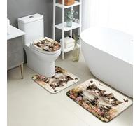 3 Piezas Juego De Alfombra De Baño Gatitos Flower Alfombra De Baño + Alfombra De Inodoro + Funda De Asiento Lavable Imprimir Alfombras De Cama, para Dormitorio, Cocina, Bathroom
