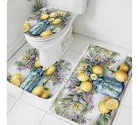 3 Piezas Juego De Alfombra De Baño Tropical Limón Vintage Botánico Flower Forma De U para Baño Antideslizantes Imprimir Pedestal Tapa Estera, para Bathroom, Cocina, Dormitorio