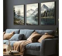 3 piezas/juego de pintura de lienzo con paisaje verde moderno, estilo retro, acuarela, montaña, lago, arte de pared, póster para sala de estar, decoración del hogar (50 x 70 cm x 3/sin marco)