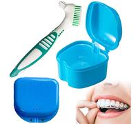 3 piezas kit de limpieza de dentaduras postizas, caja de limpieza de dentaduras postizas, caja de almacenamiento de aparatos ortopédicos con cepillo de dientes, para limpiar y almacenar (azul)