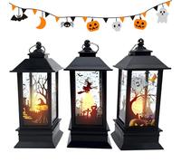 3 Piezas Linterna de Llama de Halloween, Lámpara LED retro de Halloween, Pequeñas lámparas colgantes de plástico con Calabaza mano fantasma Castillo para regalos de decoración de fiestas (B)