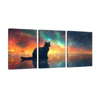 3 Piezas Marco de Madera Cuadros Decoracion Salon Modernos Cielo Estrellado Lienzos Decorativos Grandes Gato Cuadros Decoración Dormitorios Posters para Pared Baño Restaurante Cocina 50x70cm U1-1142