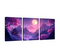 3 Piezas Marco de Madera Cuadros Decoracion Salon Modernos Luna Lienzos Decorativos Grandes Flores de Cerezo Cuadros Decoración Dormitorios Posters para Pared Baño Restaurante Cocina 40x60cm U1-1224