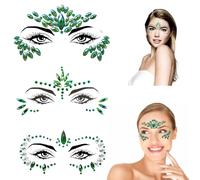 3 Piezas Moda Cara de Gemas, Cara de Gemas Pegatinas Impermeable, Calcomanías Faciales de Piedras Preciosas para Ojos, Efecto Glitter, Fiestas, Espectáculos y Maquillaje - Verde