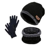 3 Piezas Niño Gorra Bufanda Guante Set, Cálido Gorro de Punto Bufanda con Forro Polar Guantes con Pantalla Táctil para Niño (Negro)