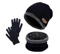 3 Piezas Niño Gorra Bufanda Guante Set, Cálido Gorro de Punto Bufanda con Forro Polar Guantes con Pantalla Táctil para Niño (Azul Marino)
