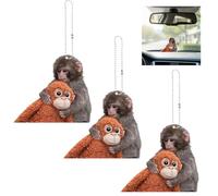 3 piezas Protect Punch The Monkey Car Rear View Mirror Pendiente, CuteMonkey Holding Plush Toy Hanging Ornament,2D Acrylic Team Punch Monkey Car Pendant,Funny MonkeyOrnament for Auto Interior