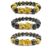 3 Piezas Pulseras Feng Shui Pixiu Bracelet, Black Obsidiana Pulsera de Cuentas de Amuleto Negro para Atraer Riqueza y Buena Suerte(111)