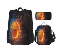 3 piezas Set Mochilas Baloncesto Ball On Fire and Water Book Bag Travel Camping Work School Bag Pencil Case Lunch Bag Co, color, 5.0cm*10.5cm*20.5cm, Estuche para lápices