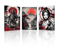 3 piezas sin marco, arte de pared samurái japonés, geisha blindado, samurái, impresiones de paisaje asiático rojo, pintura en lienzo, obra de arte Bushido, decoración del hogar, 30,5 x 45,7 cm