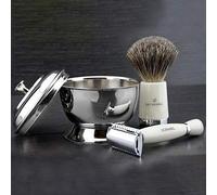 3 Piezas Súper Tejón Tradicional Afeitado en Mojado Set Brocha Pelo & Clásico Cuchilla de Seguridad Doble Filo + Acero Inoxidable Cuenco con Tapa > Diseñado por Jagshaving- Regalo Perfecto Kit para Él