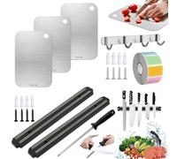 3 Piezas Tabla De Cortar Acero Inoxidable,23,5x14,5cm Titanium Cutting Board,2 Soporte Magnetico Cuchillos,33cm Magnetic Knife Block Stirp,29cm Varilla De Afilar,con Ganchos,Etiquetas,para Cocina
