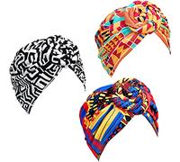 3 Piezas Turbantes Africano para Mujer Gorro de Nudo Pre-Atado Envoltura de Cabeza(Negro Naranja Rosa Geometría)
