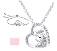 3 Piezas Unicornio Collar Kit, Regalo con Brazalete y Caja Regalo, Plata Corazón Colgante, Joyería para Mujeres, Los, Niños